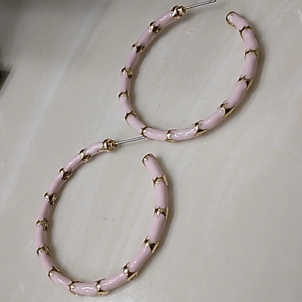 Pink and Gold Striped Hoop Earrings - Picture 1 of 3